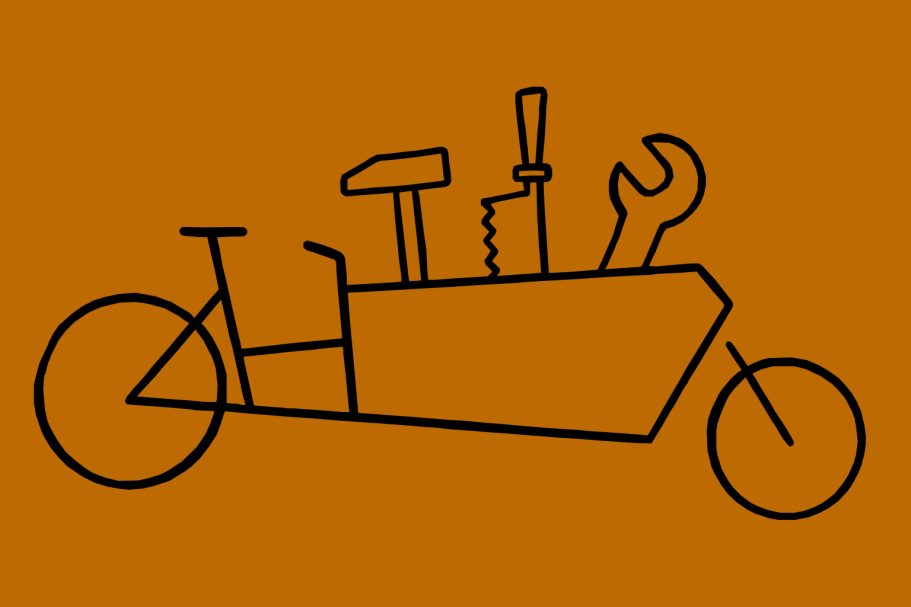 Das Logo ist ein Lastenrad mit herausragenden Werkzegen. Einen Hammer, eine Säge und ein Maulschlüssel.